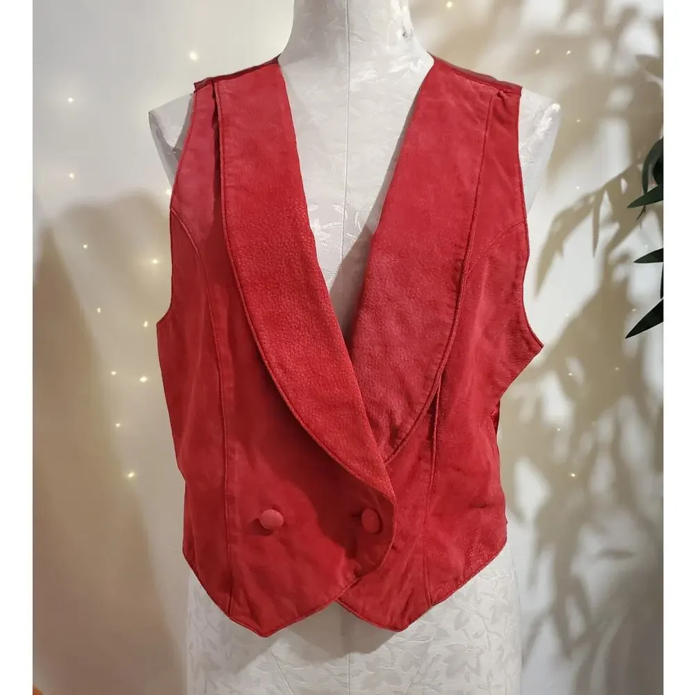 Vtg Lord & Taylor Silky Split Pig Leather Double Breasted Waistcoat Vest 10 Red